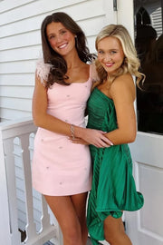 Cute Satin Fitted Square Feathers Straps Mini Homecoming Dress