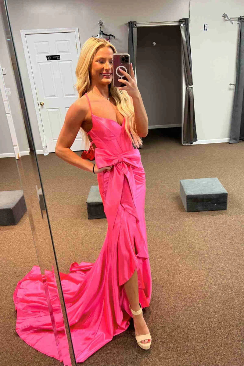 Cute Satin Sheath With Train V-Neck Sleeveless Prom Dress