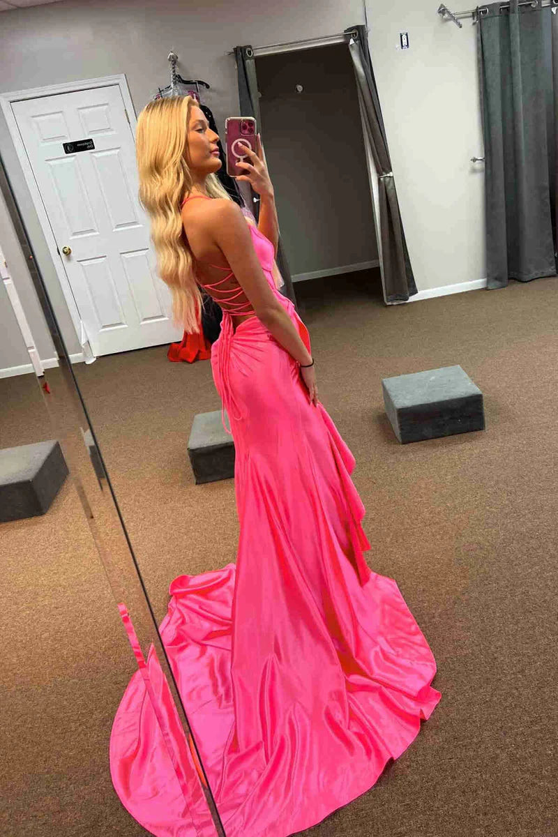 Cute Satin Sheath With Train V-Neck Sleeveless Prom Dress