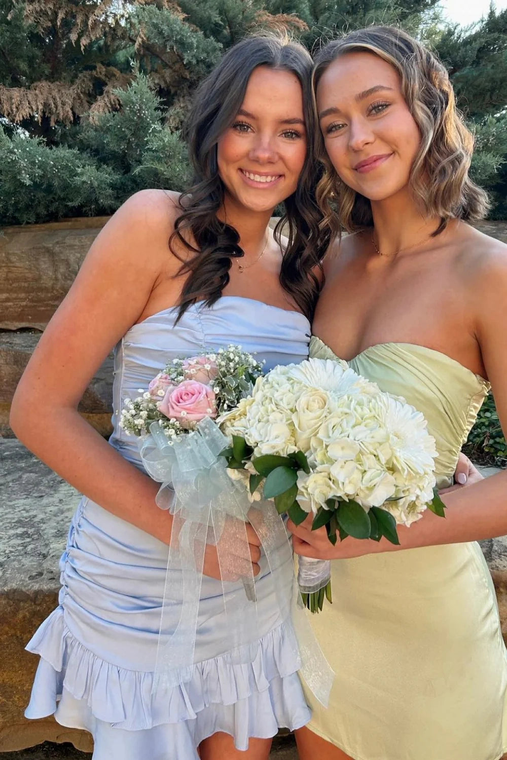 Cute Satin Strapless Pleated Empire Ruffle Homecoming Dress