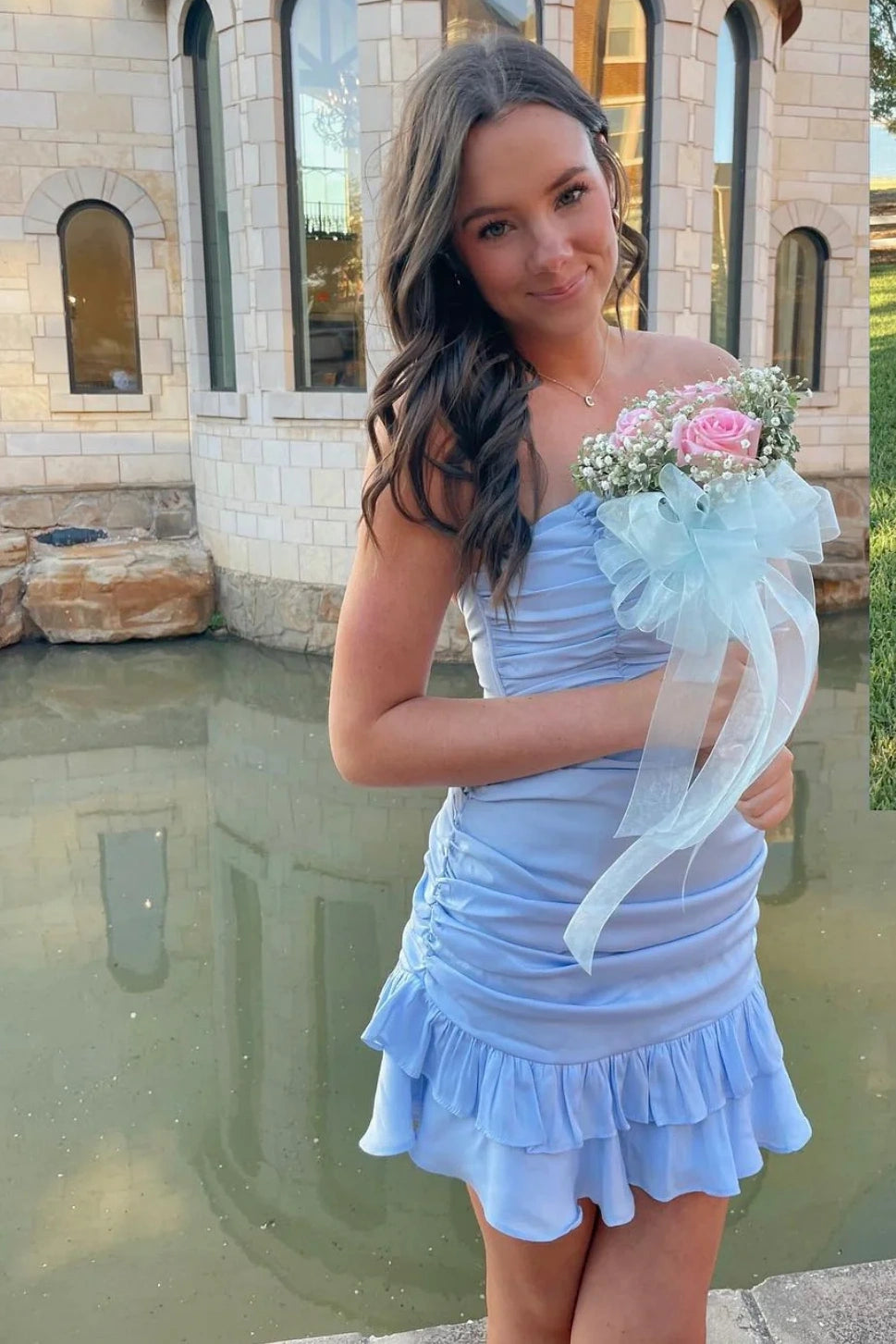 Cute Satin Strapless Pleated Empire Ruffle Homecoming Dress
