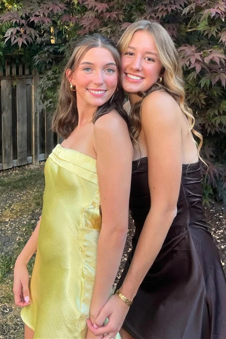 Cute Satin Strapless Sheath Yellow Mini Party Homecoming Dress