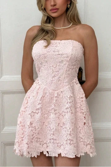 Cute Strapless Lace A-Line Empire Mini Homecoming Dress