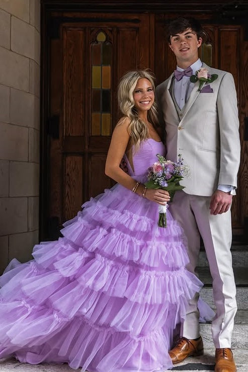 Cute Sweetheart Strapless Tulle A-Line Tiered Party Prom Dress