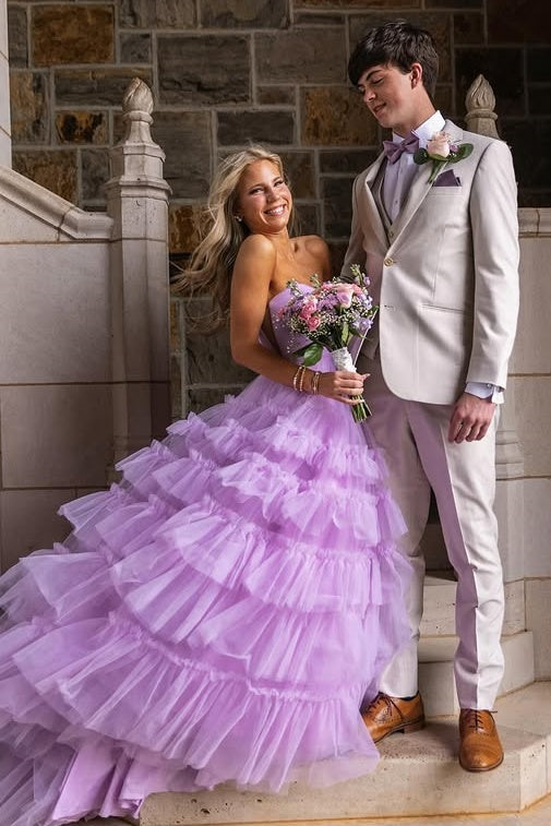 Cute Sweetheart Strapless Tulle A-Line Tiered Party Prom Dress