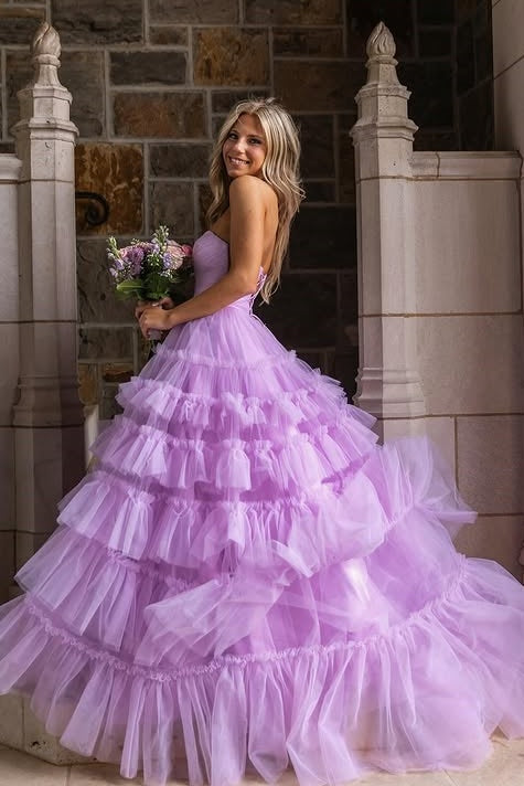 Cute Sweetheart Strapless Tulle A-Line Tiered Party Prom Dress