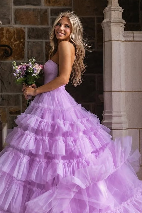 Cute Sweetheart Strapless Tulle A-Line Tiered Party Prom Dress