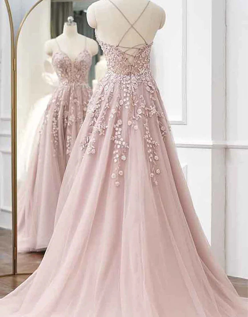 Cute Tulle A-Line Lace Appliques Lace Up Prom Dress