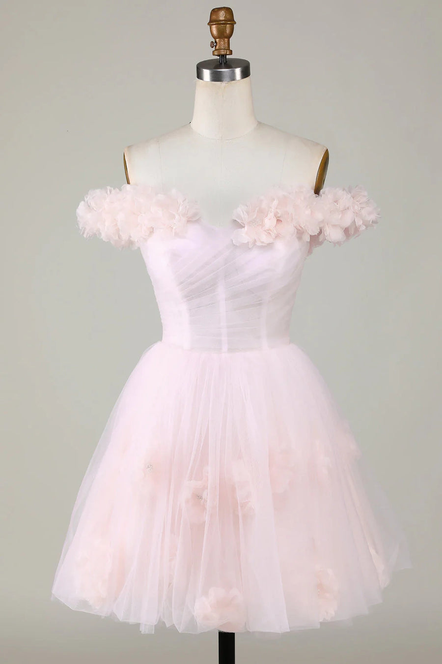 Cute Tulle A-Line Off-Shoulder Floral Embossed Homecoming Dress Pink / US 8