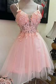 Cute Tulle A-Line Sleeveless Lace Appliques Mini Party Homecoming Dress