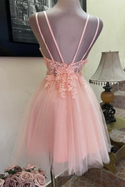 Cute Tulle A-Line Sleeveless Lace Appliques Mini Party Homecoming Dress