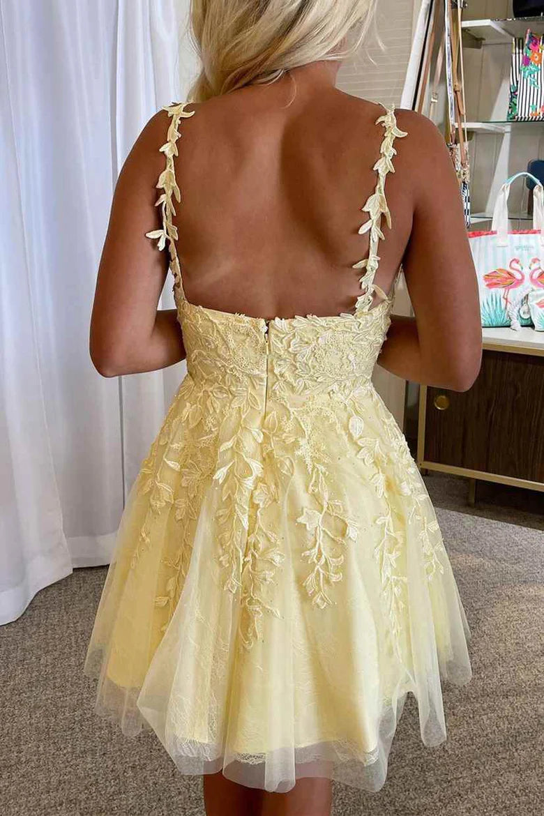Cute Tulle A-Line V-Neck Spaghetti Straps Appliques Homecoming Dress Custom Color / US 2 Cute Tulle A-Line V-Neck Spaghetti Straps Appliques Homecoming Dress Custom Color / US 2