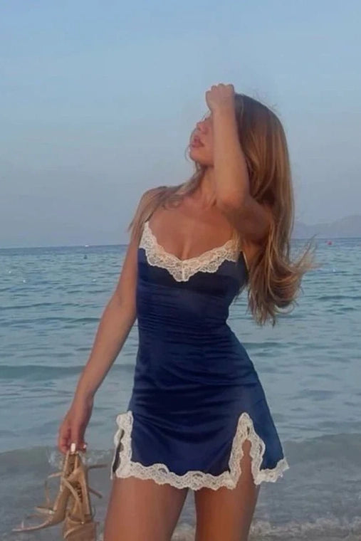 Cute V-Neck Spaghetti Straps Lace Appliques Mini Summer Dress