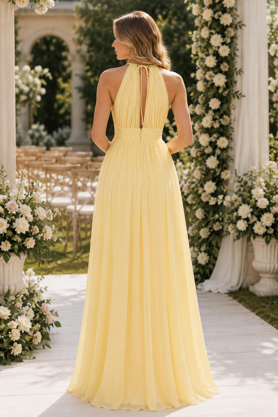 Cute Yellow Chiffon A-Line Round Sleeveless Split Bridesmaid Dress