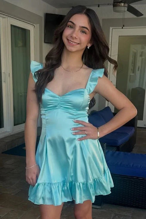 Pretty Satin A-Line Ruffle Mini Party Homecoming Dress