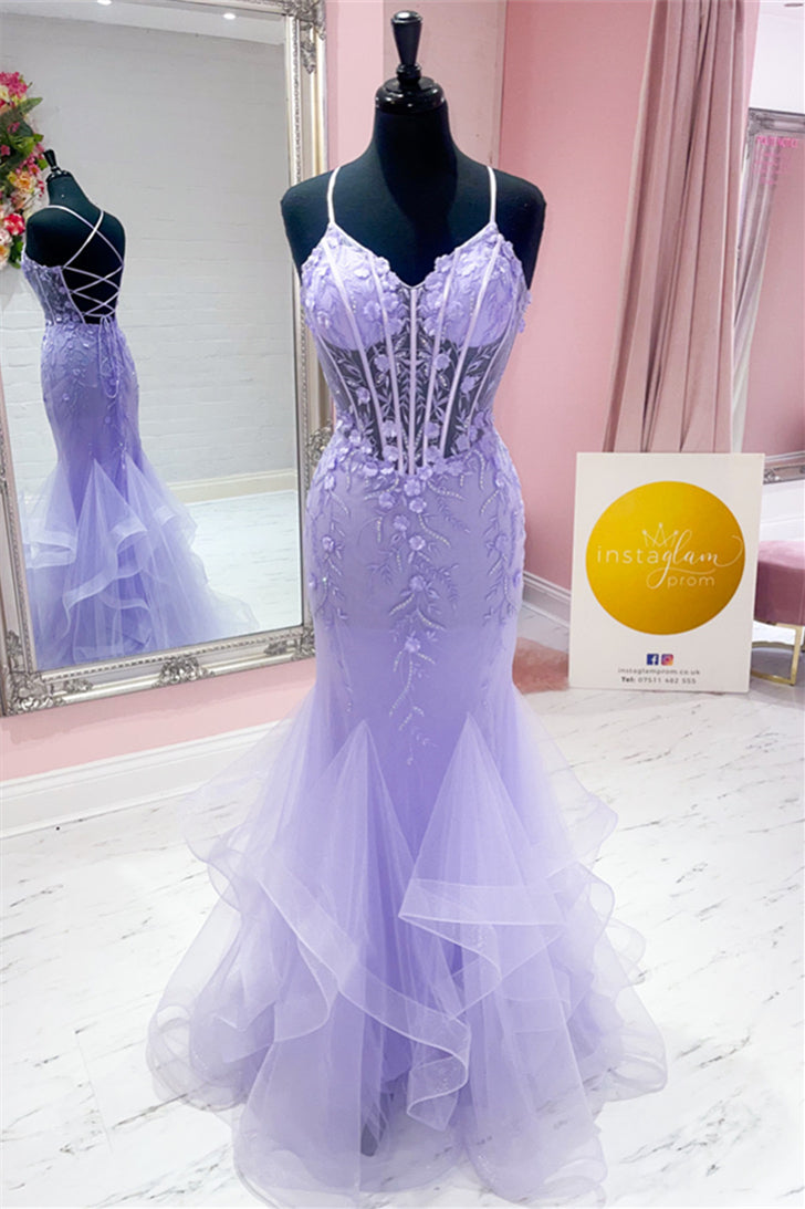 Lavender Lace-Up Floral Mermaid Layers Long Prom Dress