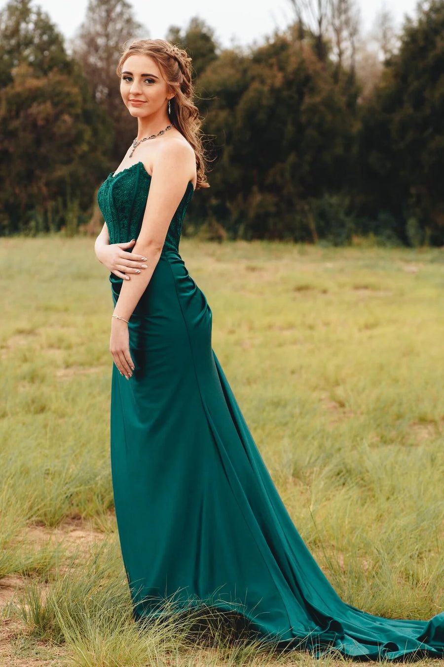 Bateau Strapless Mermaid Satin And Lace Party Prom Dress