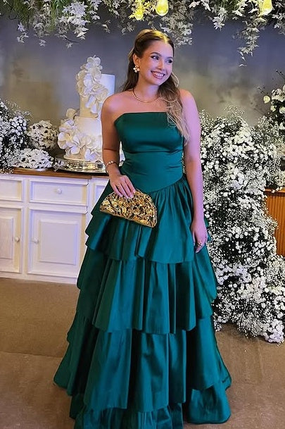 Dark Green A-Line Strapless Tiered Satin Party Prom Dress