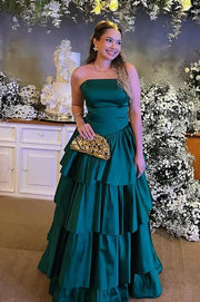 Dark Green A-Line Strapless Tiered Satin Party Prom Dress