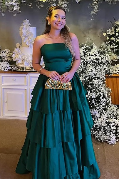 Dark Green A-Line Strapless Tiered Satin Party Prom Dress
