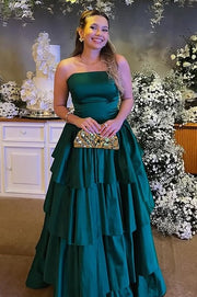 Dark Green A-Line Strapless Tiered Satin Party Prom Dress