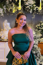 Dark Green A-Line Strapless Tiered Satin Party Prom Dress