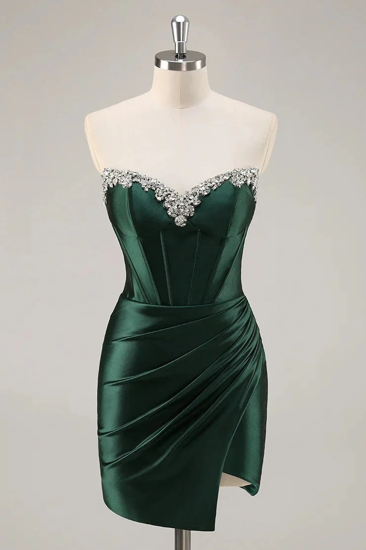 Dark Green Beaded Sweetheart Strapless Fitted Homecoming Dress
