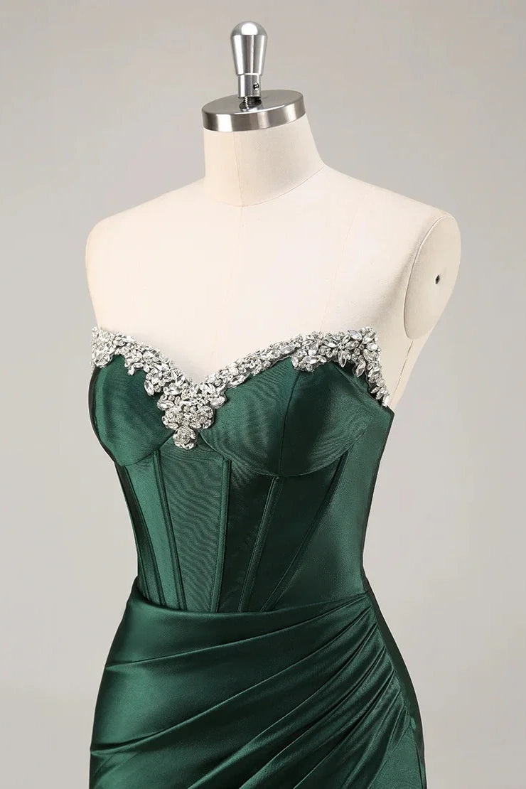 Dark Green Beaded Sweetheart Strapless Fitted Homecoming Dress