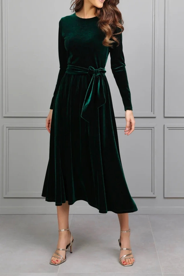 Dark Green Scoop Long Sleeves A-Line Velvet Dress