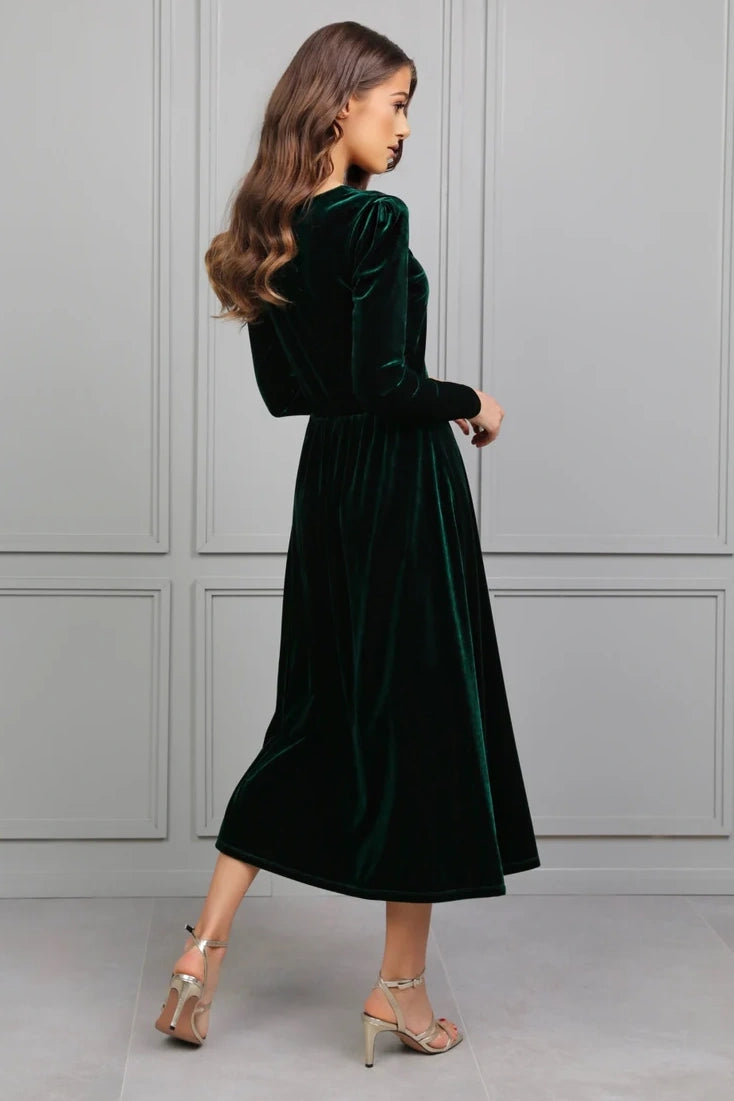 Dark Green Scoop Long Sleeves A-Line Velvet Dress