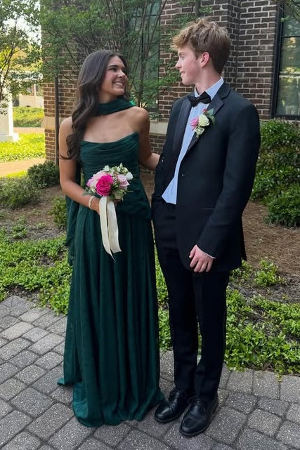 Dark Green Strapless Chiffon A-Line Pleated Party Prom Dress