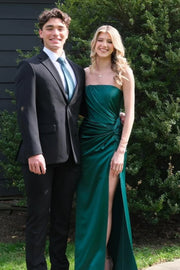 Dark Green Strapless Ruched Empire Satin Party Prom Dress