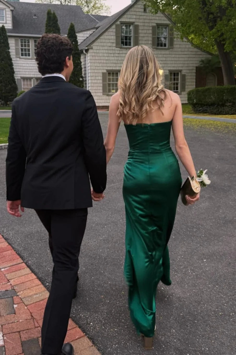 Dark Green Strapless Ruched Empire Satin Party Prom Dress