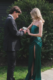 Dark Green Strapless Ruched Empire Satin Party Prom Dress