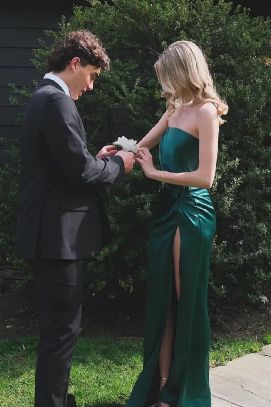 Dark Green Strapless Ruched Empire Satin Party Prom Dress