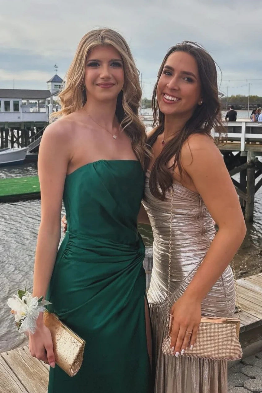 Dark Green Strapless Ruched Empire Satin Party Prom Dress