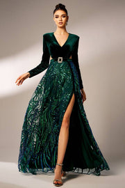 Dark Green V-Neck Long Sleeves A-Line Party Evening Dress