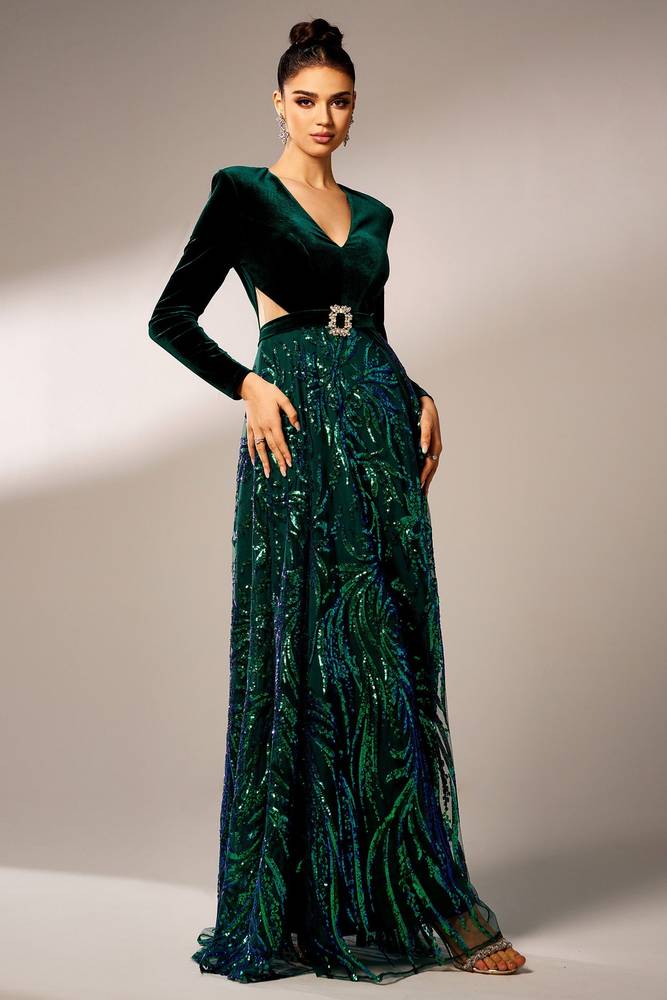 Dark Green V-Neck Long Sleeves A-Line Party Evening Dress