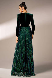 Dark Green V-Neck Long Sleeves A-Line Party Evening Dress