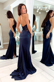 Deep V-Neck Halter Backless Lace And Satin Mermaid Party Prom Dress