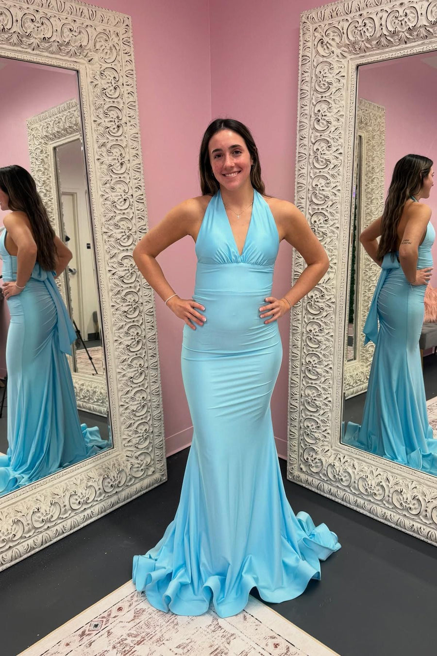 Deep V-Neck Halter Backless Mermaid Satin Party Prom Dress