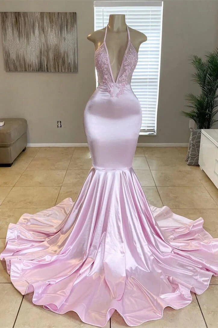 Deep V-Neck Halter Sleeveless Mermaid Satin Prom Dress For Black Girls