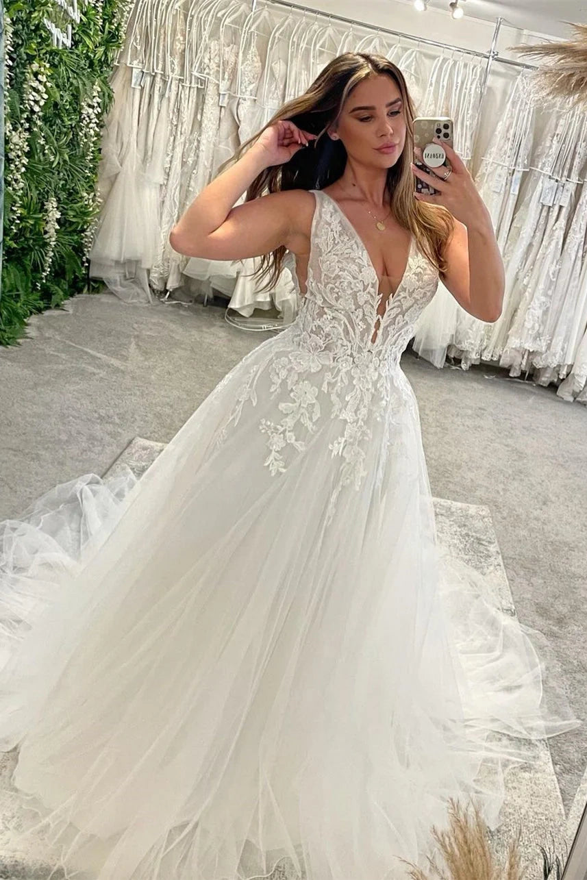 Deep V-Neck Open Back Tulle A-Line Wedding Dress White / US 2 Deep V-Neck Open Back Tulle A-Line Wedding Dress White / US 2