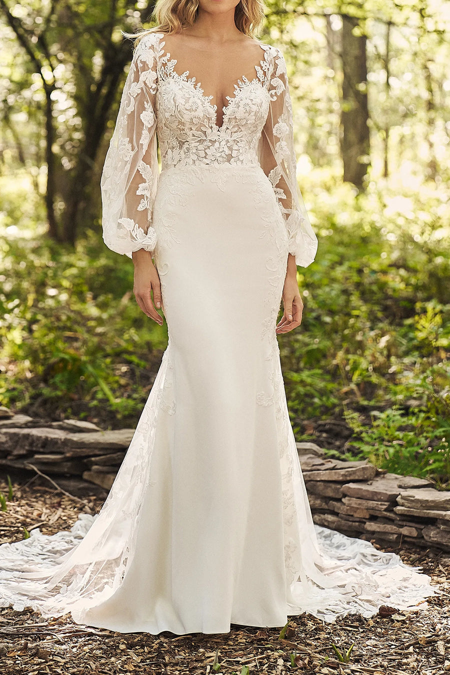 Detachable Long Sleeves V-Neck Open Back Mermaid Wedding Dress Ivory / Custom Size Detachable Long Sleeves V-Neck Open Back Mermaid Wedding Dress Ivory / Custom Size