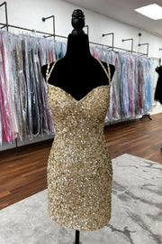 Double Straps Lace-Up Sequin Sheath Mini Party Homecoming Dress