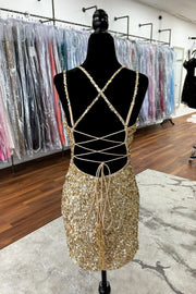 Double Straps Lace-Up Sequin Sheath Mini Party Homecoming Dress
