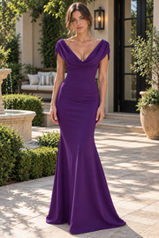 Drop V-Neck Open Back Satin Mermaid Prom Party Evening Dress
