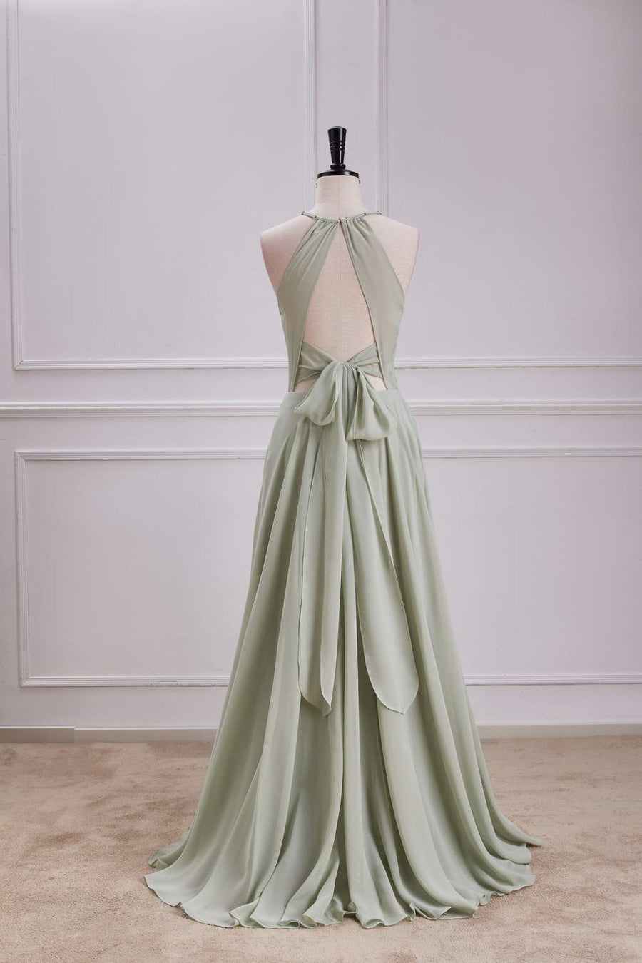 Dusty Sage Halter Keyhole A-line Long Bridesmaid Dress with Slit Dusty Sage / US 12 Dusty Sage Halter Keyhole A-line Long Bridesmaid Dress with Slit Dusty Sage / US 12
