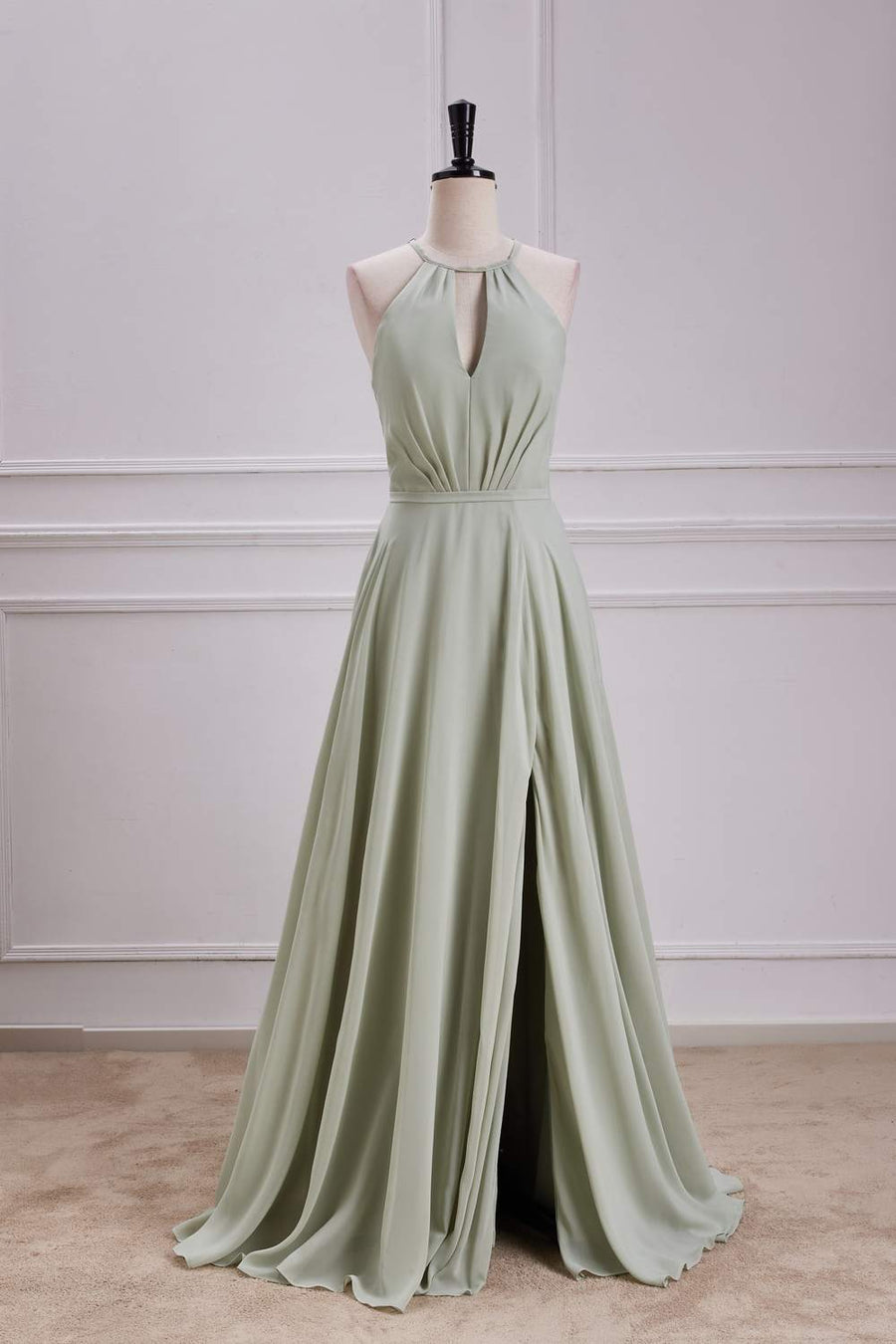 Dusty Sage Halter Keyhole A-line Long Bridesmaid Dress with Slit Custom Color / US 8 Dusty Sage Halter Keyhole A-line Long Bridesmaid Dress with Slit Custom Color / US 8