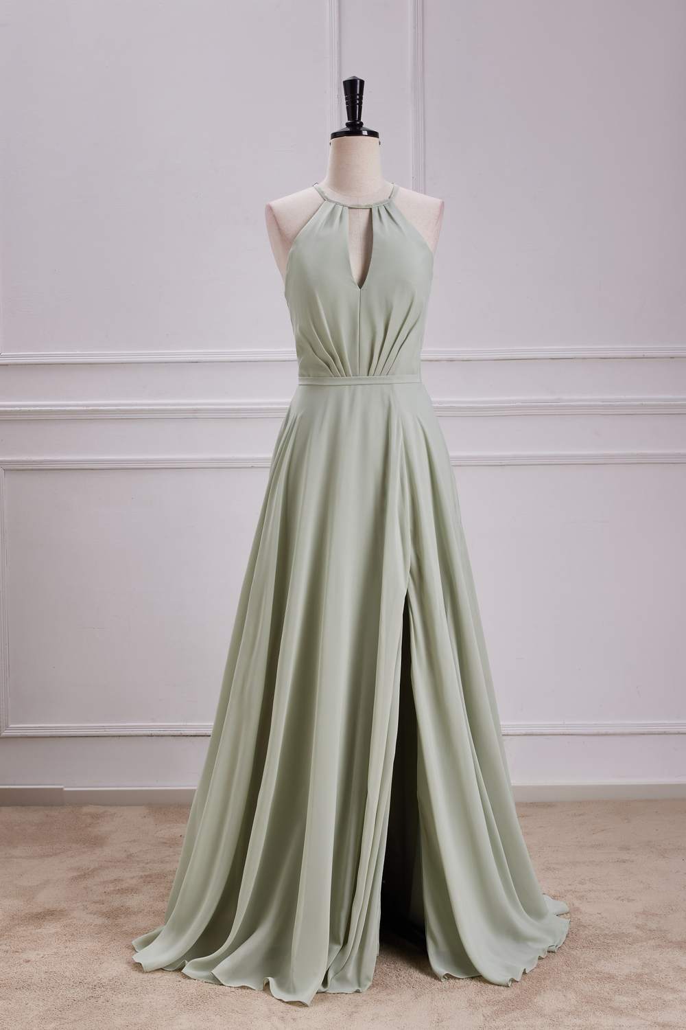 pale sage bridesmaid dress Wedtrend Women Sage Long Chiffon Bridesmaid Dress with Slit Halter Open Back Wedding Guest Dress, Chiffon color / US20W